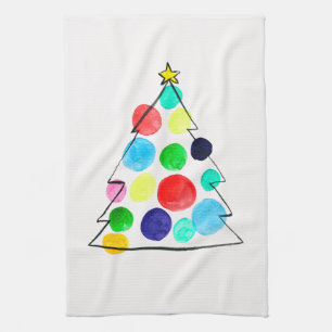 Colourful Christmas tree watercolor Tea Towel
