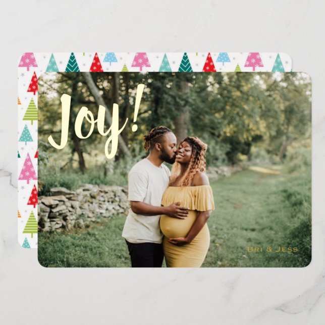 Colourful Christmas Trees Joy One Photo (Colorful Christmas Trees Joy One Photo Foil Holiday Card)
