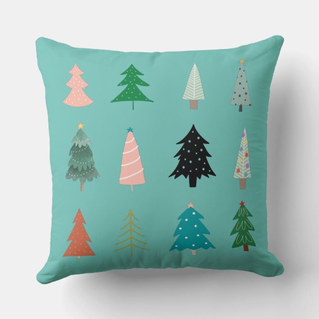 Colourful Christmas trees l Green on another side Cushion (Back)