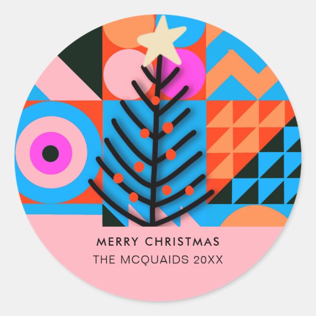 Colourful Christmas Trees Modern Geometric  Classic Round Sticker (Front)