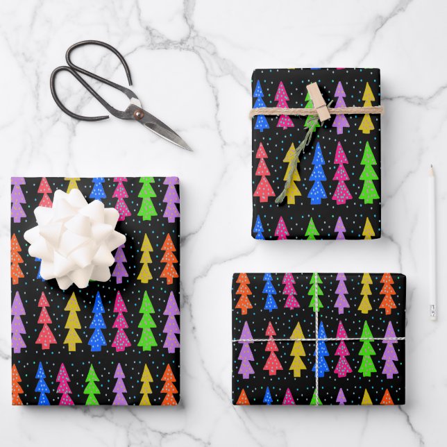 Colourful Christmas Trees on Black Wrapping Paper Sheet (Front)