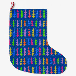 Colourful Christmas Trees on Blue Large Christmas Stocking