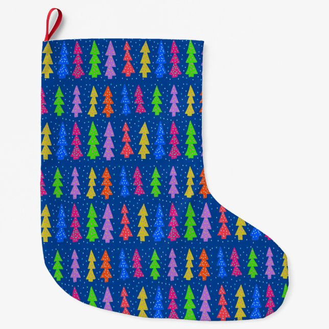 Colourful Christmas Trees on Blue Large Christmas Stocking (Front)