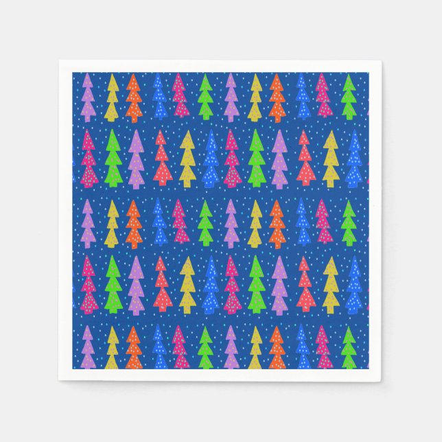 Colourful Christmas Trees on Blue Napkin (Front)