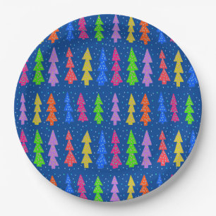 Colourful Christmas Trees on Blue Paper Plate