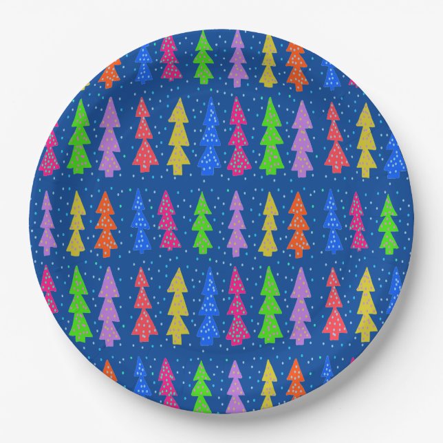 Colourful Christmas Trees on Blue Paper Plate (Front)