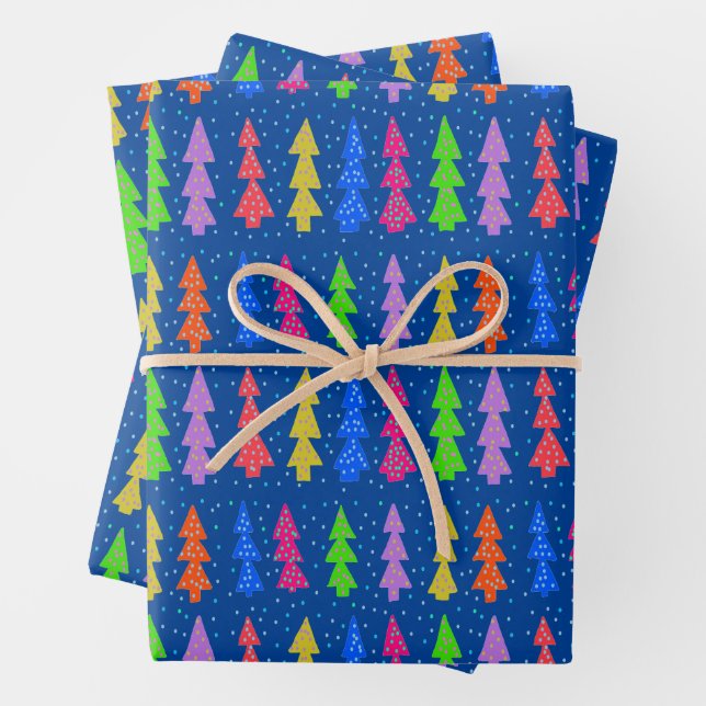 Colourful Christmas Trees on Blue Wrapping Paper Sheet (In situ)