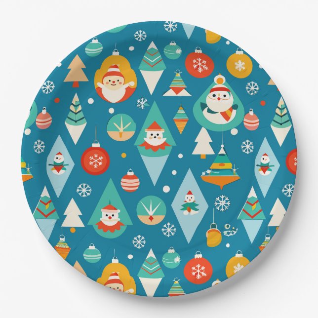 Colourful Christmas Trees Ornaments Winter Pattern Paper Plate (Front)