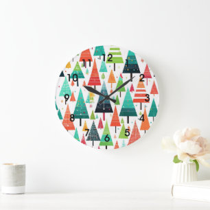 Colourful Christmas Trees Pattern Large Clock