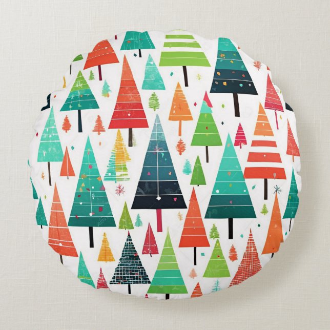 Colourful Christmas Trees Pattern Round Cushion (Front)