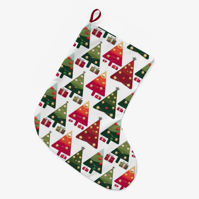  Colourful Christmas Trees Seamless Pattern Large Christmas Stocking (Front (Hanging))