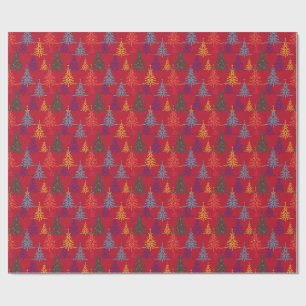 Colourful Christmas Trees Xmas Red Wrapping Paper