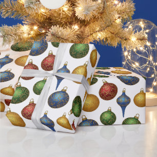 Colourful Christmas Vintage Ornaments on White Wrapping Paper