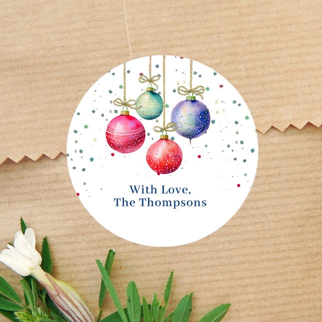 Colourful Christmas Watercolor Ornaments Custom Classic Round Sticker (Whimsical holiday ornaments custom gift sticker.)