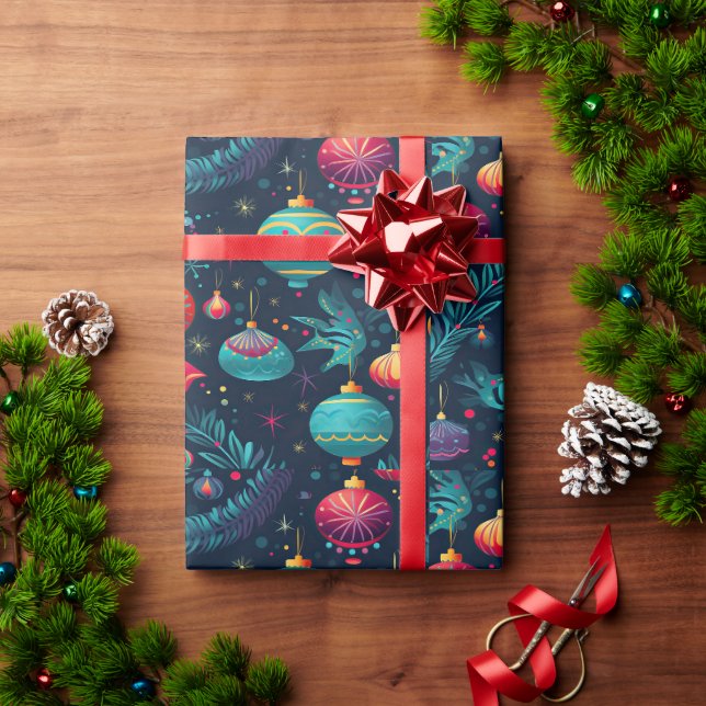 Colourful Christmas wrapping paper with ornaments (Holiday Gift)