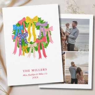 Colourful Christmas Wreath Fun Bows 3 Photo Family Holiday Card