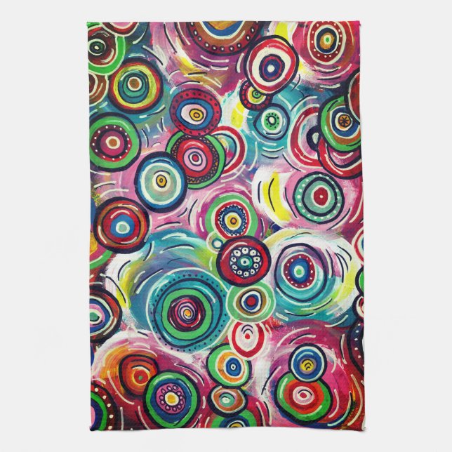 Colourful Circles and Swirls Original Abstract Art Tea Towel (Vertical)