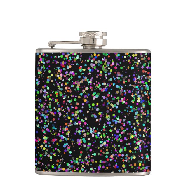Colourful circles bubbles on black unique pattern hip flask (Front)