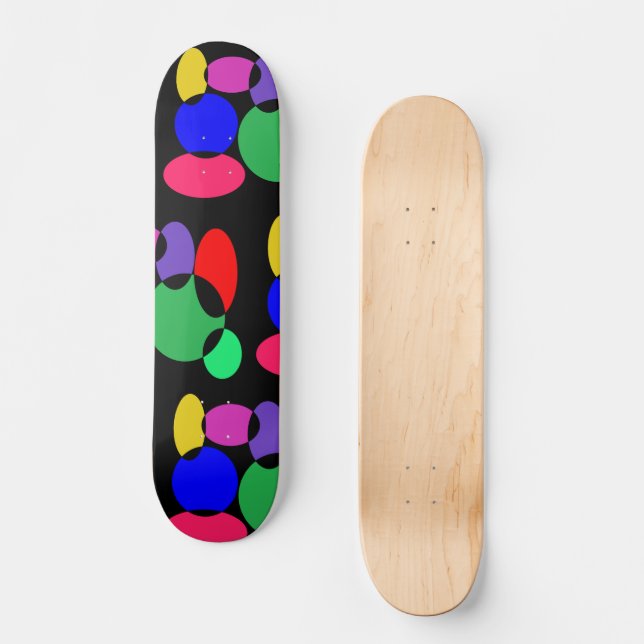 Colourful circles pattern on black skateboard (Front)