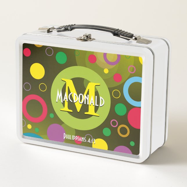 Colourful Circles Spots Rings Personalised GREEN Metal Lunch Box (Front)