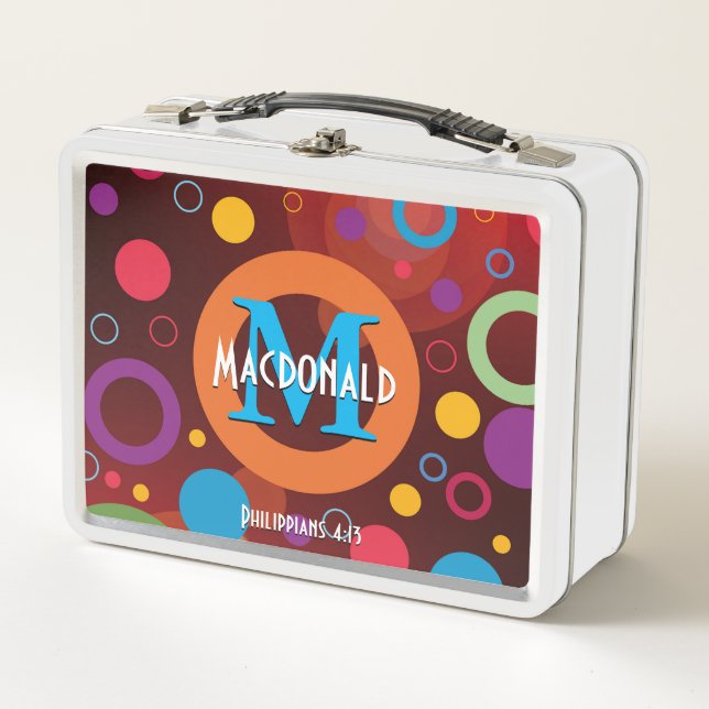 Colourful Circles Spots Rings Personalised ORANGE Metal Lunch Box (Front)