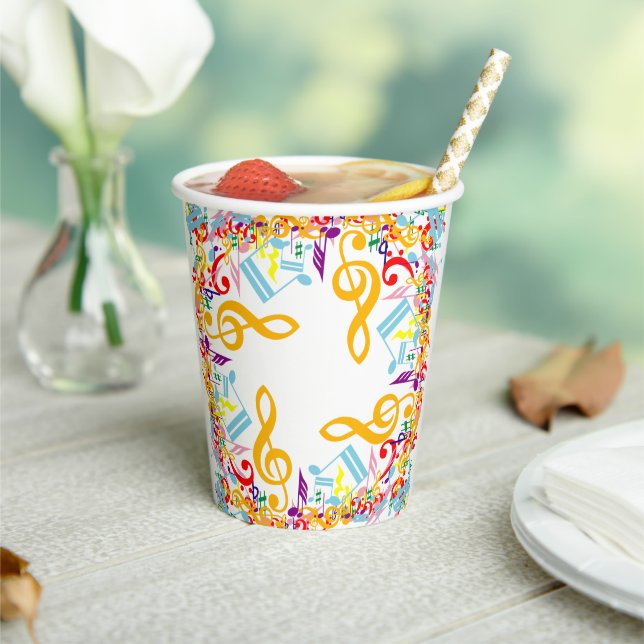 Colourful Circular Jumbled Music Notes Paper Cups (Insitu)