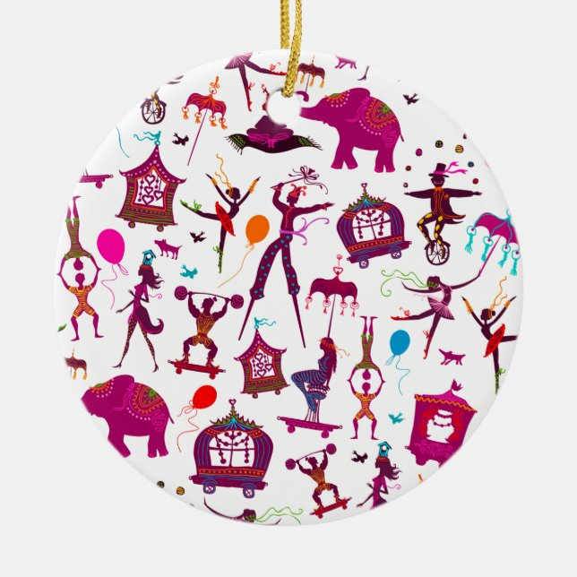 colourful circus characters on white ceramic tree decoration (Front)