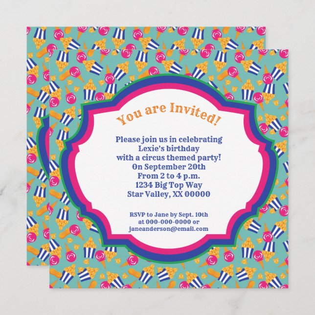 Colourful Circus Snacks and Show Ponies Birthday Invitation (Front/Back)