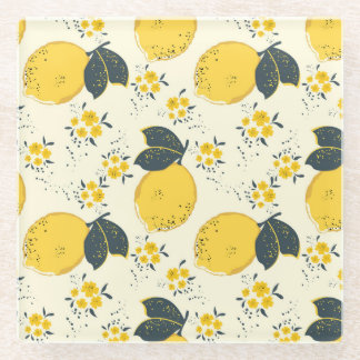 Colourful citrus, lemon flower pattern. glass coaster