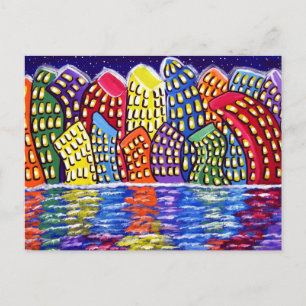 Colourful Cityscape Fun Folk Art Post Card