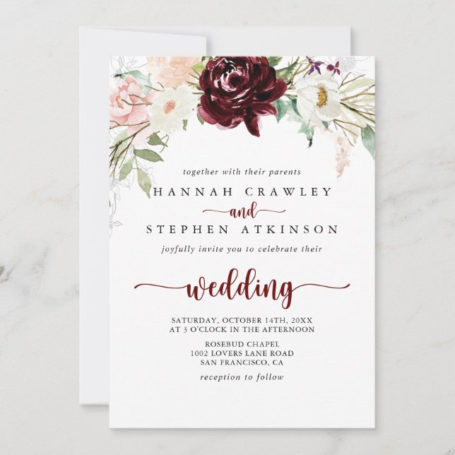Colourful Classic Floral Front & Back Wedding Invitation (Front)