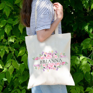 Colourful Classy Flowers Bridesmaid Custom Name Tote Bag