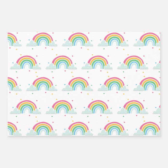 Colourful clouds confetti and multicolor triangles wrapping paper sheet (Front 3)