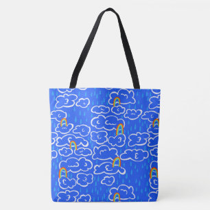 Colourful Clouds Rain Rainbow Blue Pattern Tote Bag