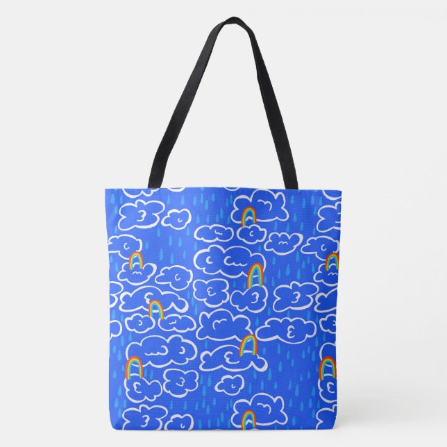 Colourful Clouds Rain Rainbow Blue Pattern Tote Bag (Front)