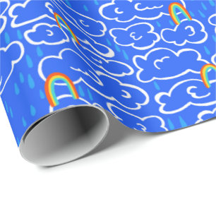Colourful Clouds Rain Rainbow Blue Pattern Wrapping Paper