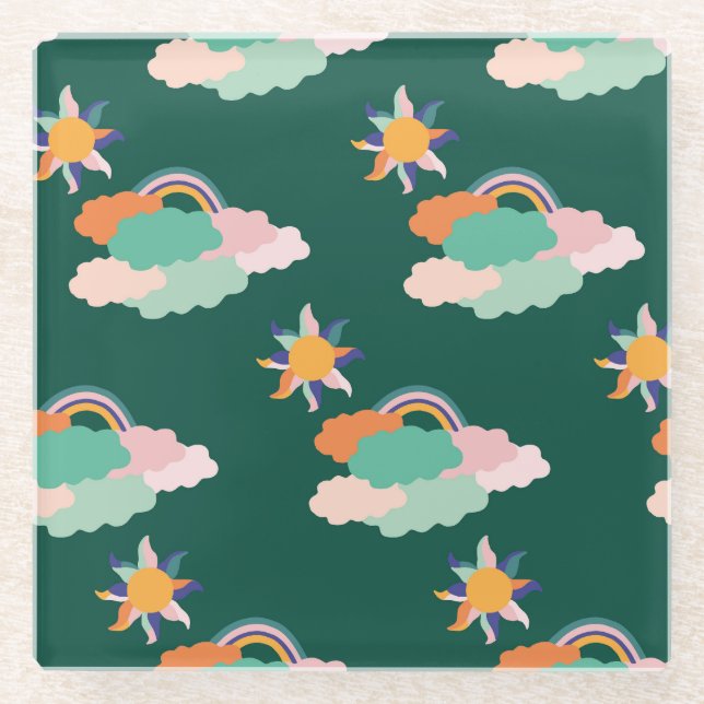 Colourful Clouds Rainbows Seamless Pattern Glass Coaster (Front)