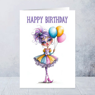 Colourful Clown Girl Holding Balloons Birthday Card