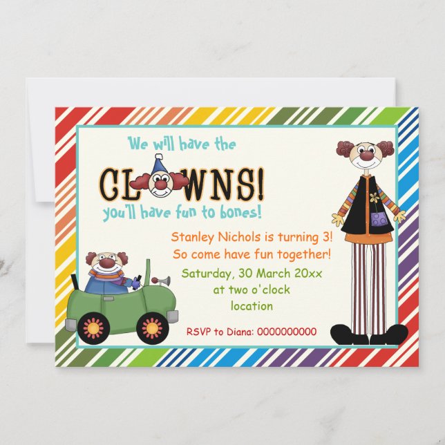 Colourful clown striped border kids birthday invitation (Front)