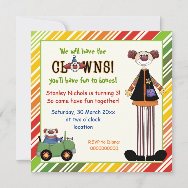 Colourful clown striped border kids birthday invitation (Front)
