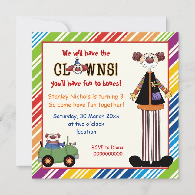 Colourful clown striped border kids birthday invitation (Front)