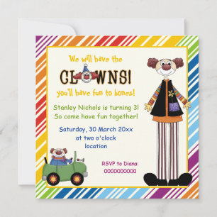 Colourful clown striped border kids birthday invitation
