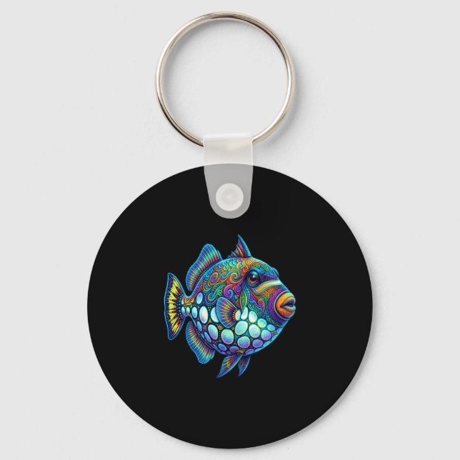 Colourful clown triggerfish abstract ocean artwork key ring (Front)