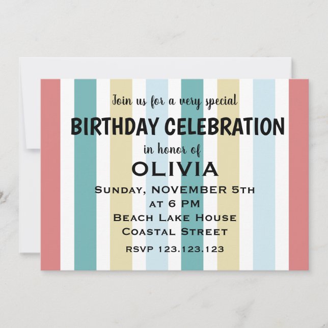 Colourful Coastal Beach Stripes Birthday  Invitation (Front)