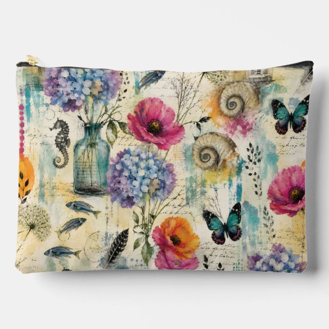 Colourful Coastal Botanical watercolor Pattern Accessory Pouch (Front)