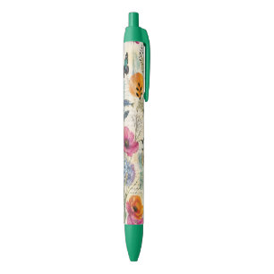 Colourful Coastal Botanical watercolor Pattern Black Ink Pen