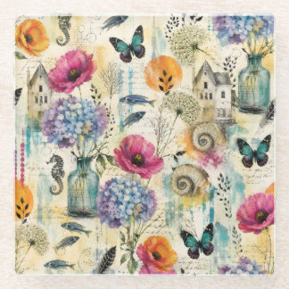 Colourful Coastal Botanical watercolor Pattern Glass Coaster