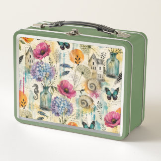Colourful Coastal Botanical watercolor Pattern Metal Lunch Box
