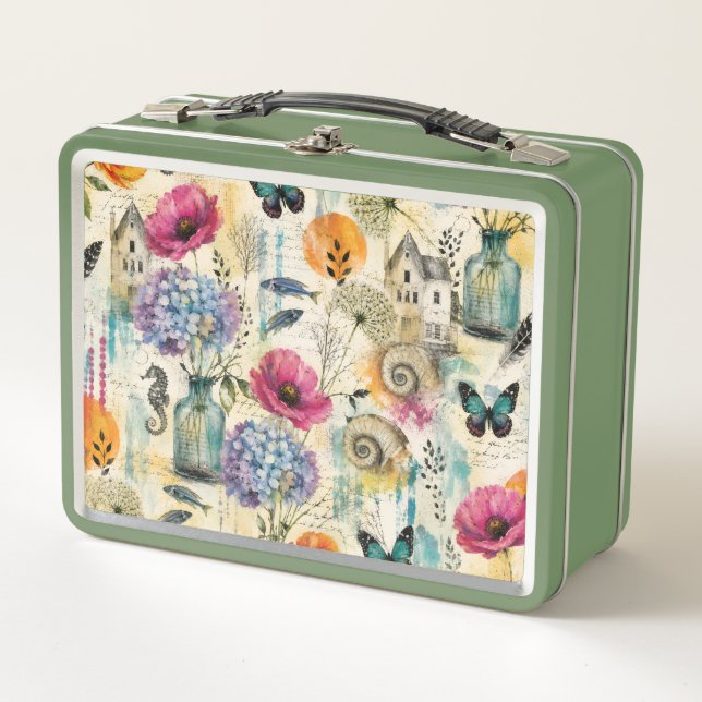 Colourful Coastal Botanical watercolor Pattern Metal Lunch Box (Front)
