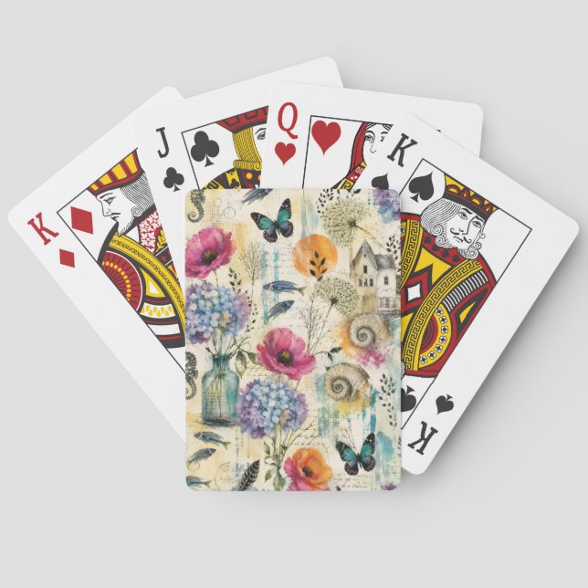 Colourful Coastal Botanical watercolor Pattern Playing Cards (Back)